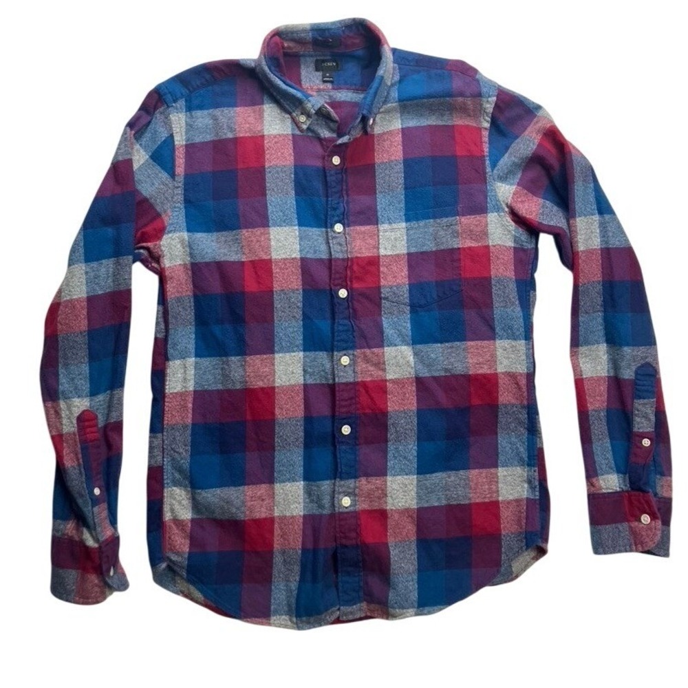 J Crew Slim Fit Flannel Shirt Mens Size Medium Blue Red Plaid Long Sleeve Cotton